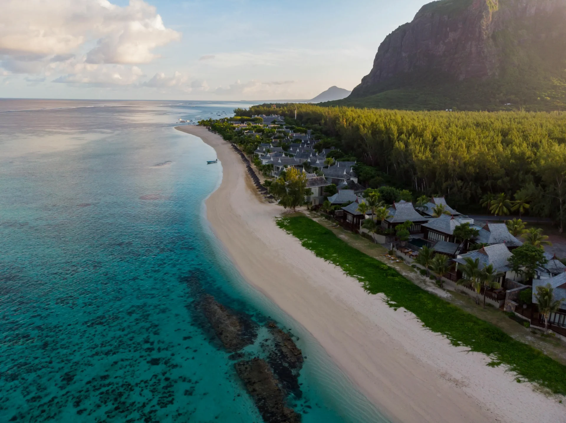 Aerial view of houses on the coast of Le Morne in Mauritius